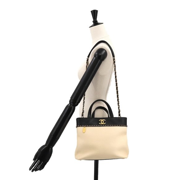 CHANEL 2way hand chain shoulder bag caviar skin leather beige black Hand Shou... - Picture 10 of 10